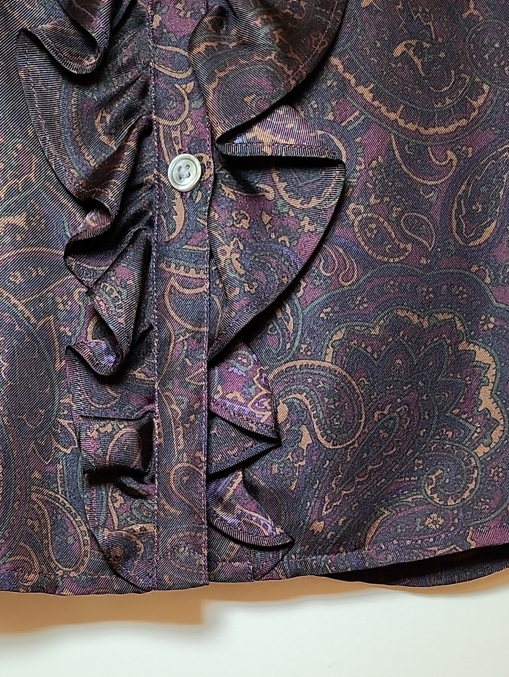Ralph Lauren Women's 100 % Silk formal blouse paisley print  ruffle front Size L - Picture 6 of 16